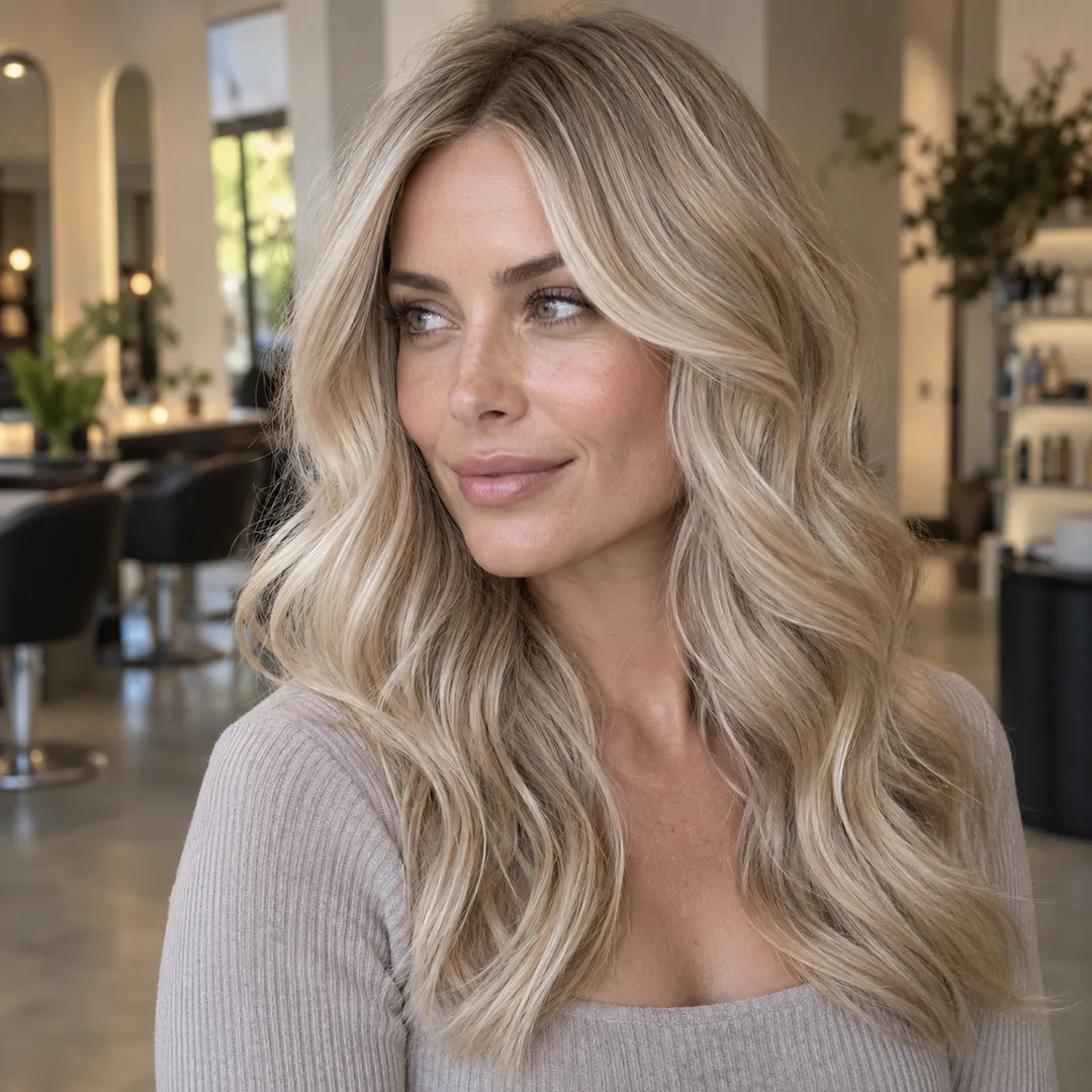 Client with soft blonde waves in a light, airy salon