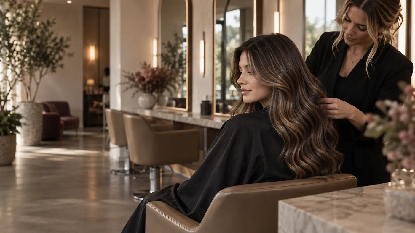Stylist working on long brunette hair in a light, plant-filled salon