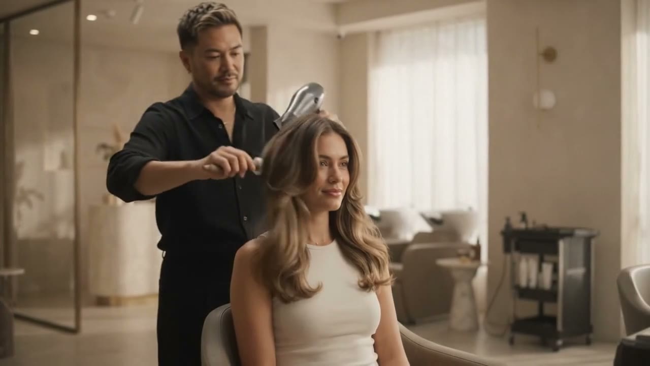 Stylist blow-drying a client's long wavy hair