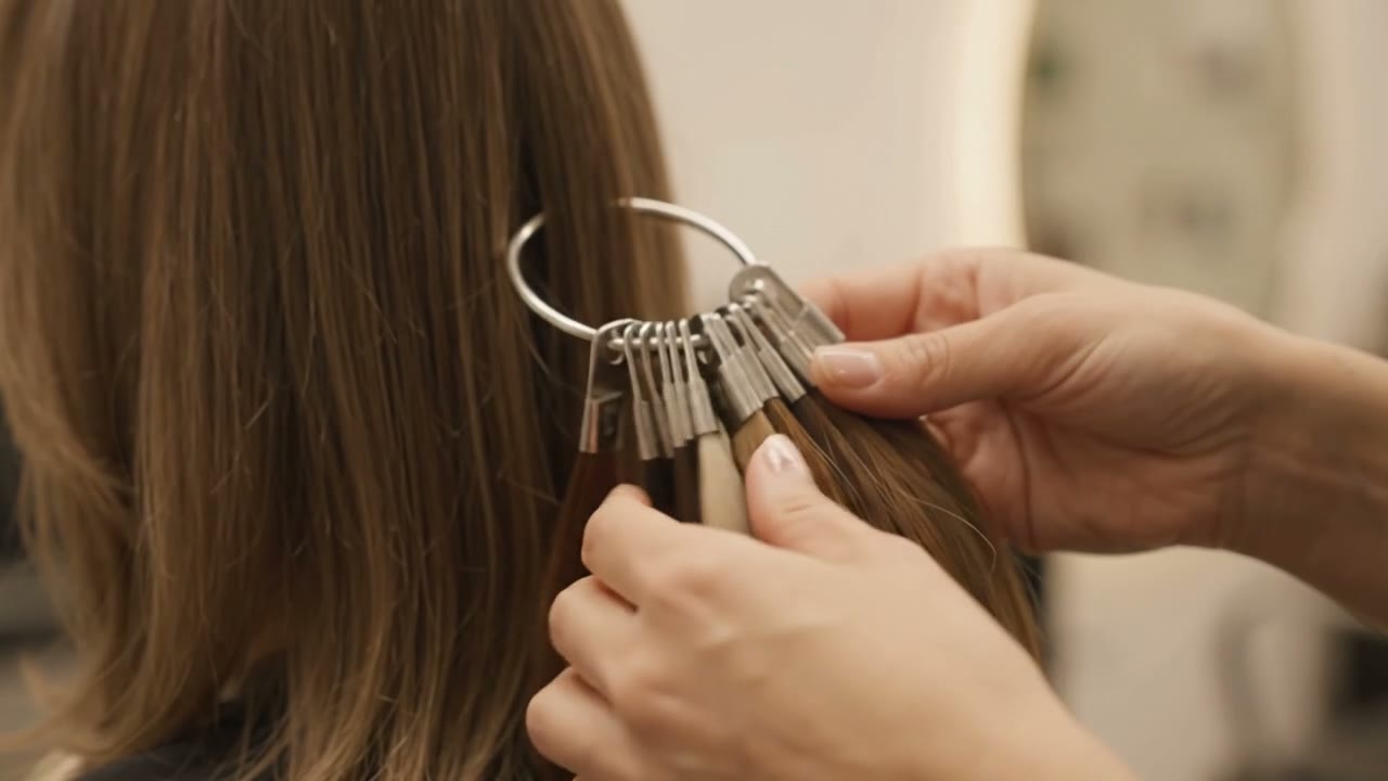 Stylist matching a client's hair against a colour swatch ring during a consultation