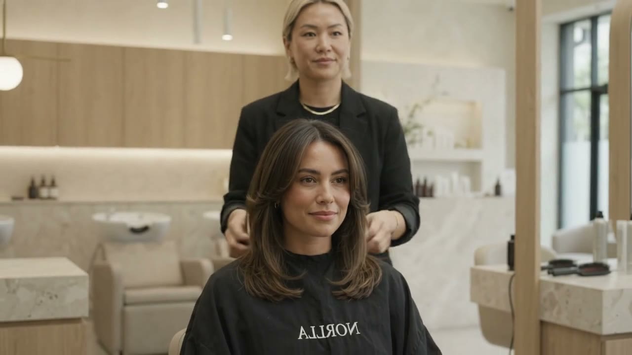 Stylist and client smiling at a finished haircut