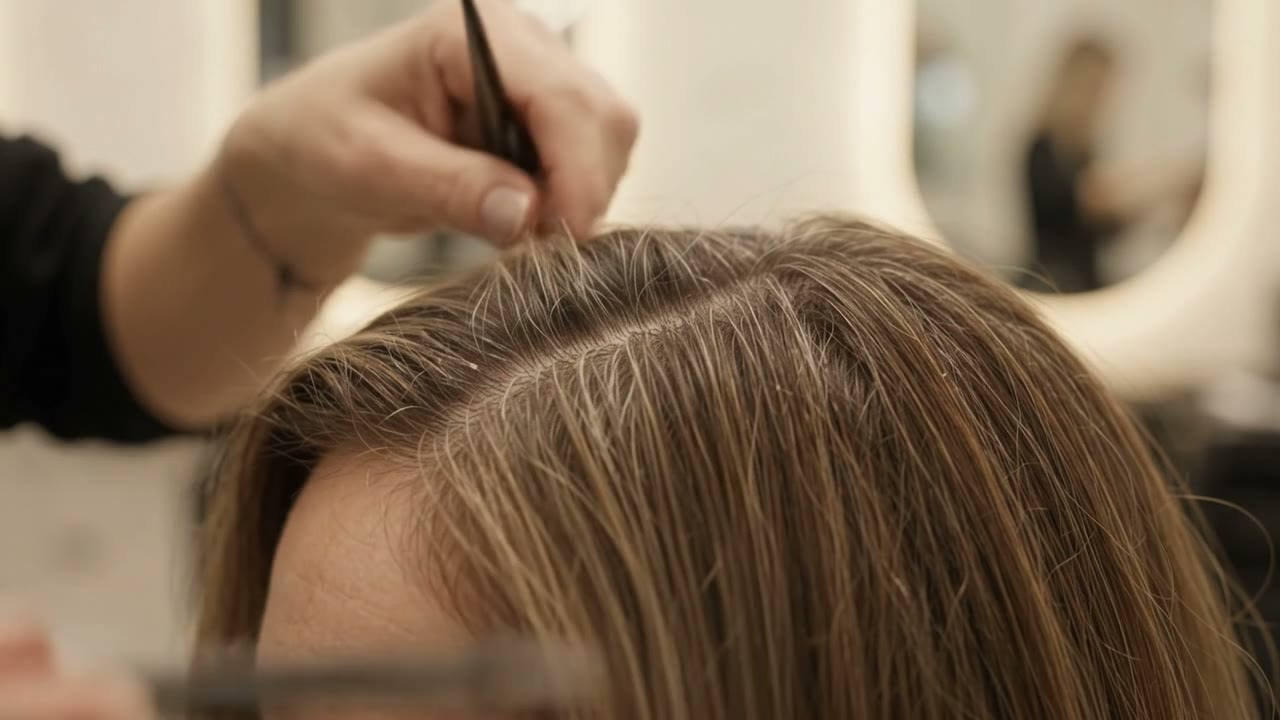 Stylist applying root tint along a parting