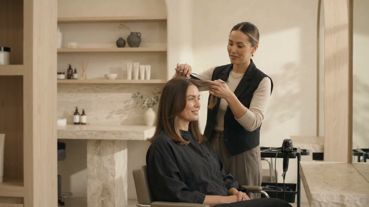 Stylist chatting with a client in the chair before her appointment