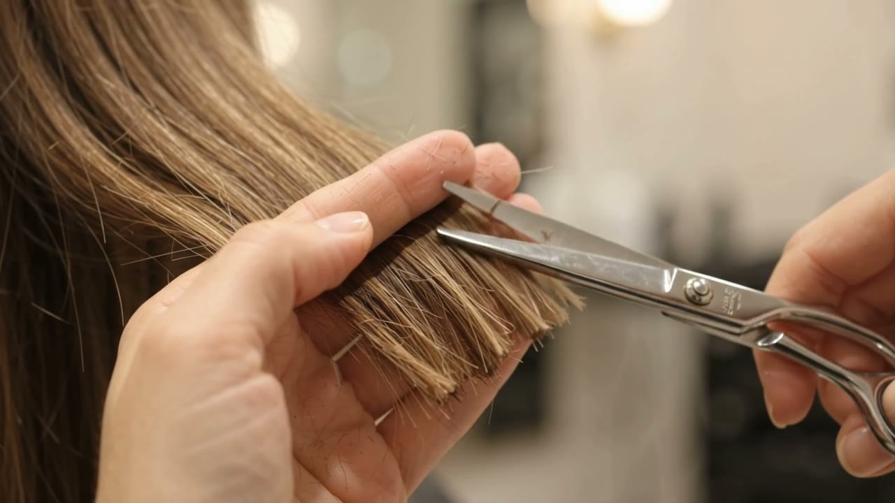Close-up of scissors point-cutting the ends of brown hair